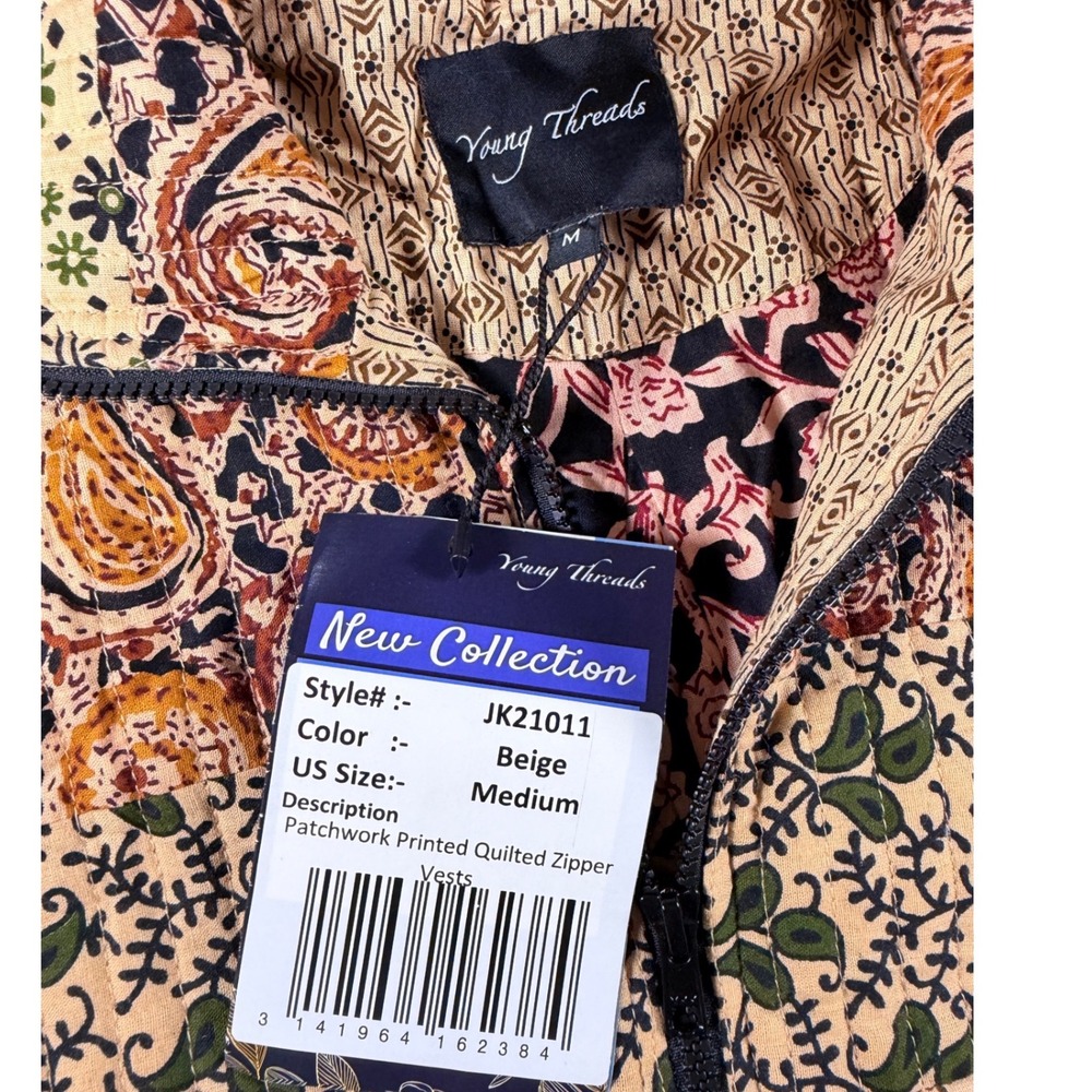 Young Thread Boho Patchwork‎ Quilted Vest – Cotton Zip Front Cottagecore Size M - Picture 4 of 11
